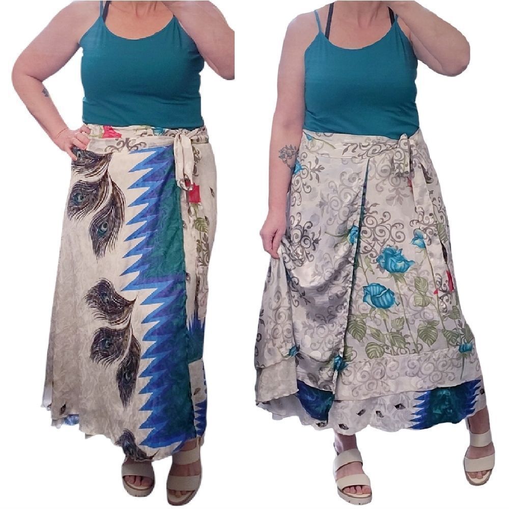Kathy's Boho Closet Reversible Floral Peacock‎ Printed Silk Wrap Skirt O/S Midi